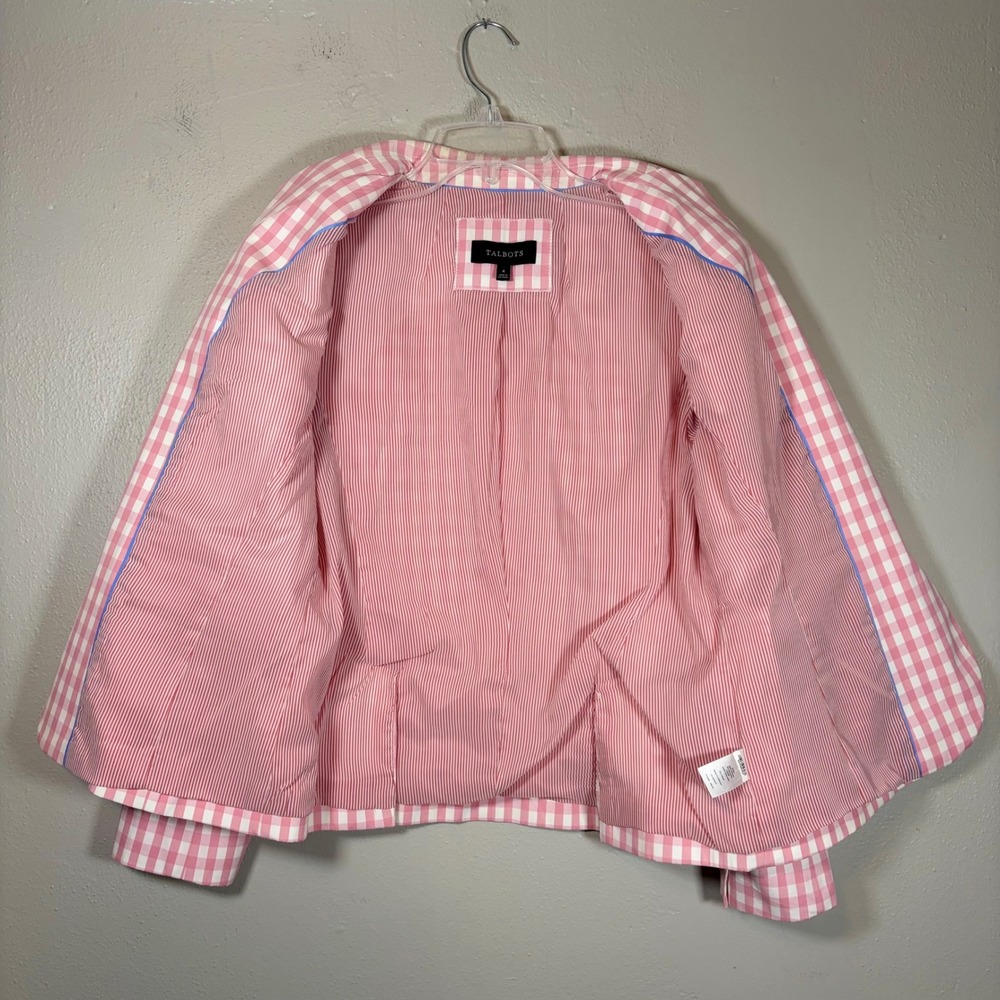 Talbots Pink White Gingham Cotton Blend Blazer Jacket Size 4 Striped Lining - Picture 4 of 11